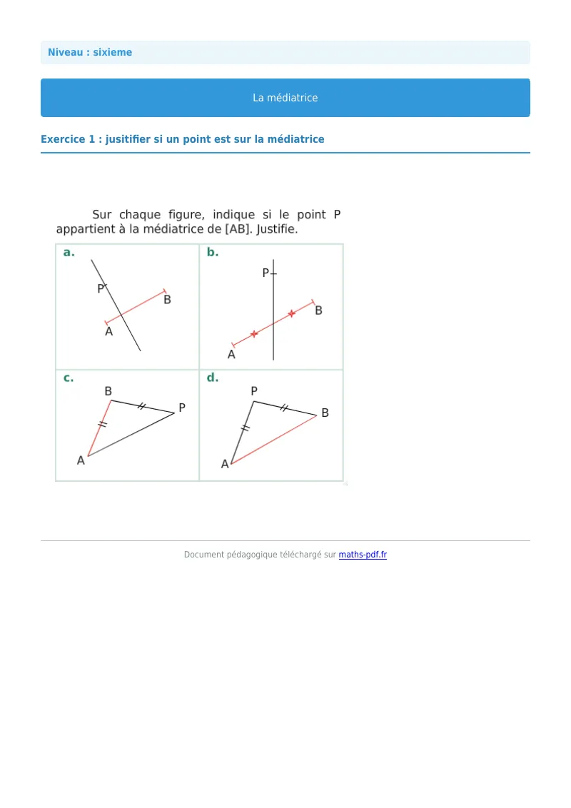 Médiatrice : exercice n°1 de maths en 6ème corrigé en PDF
