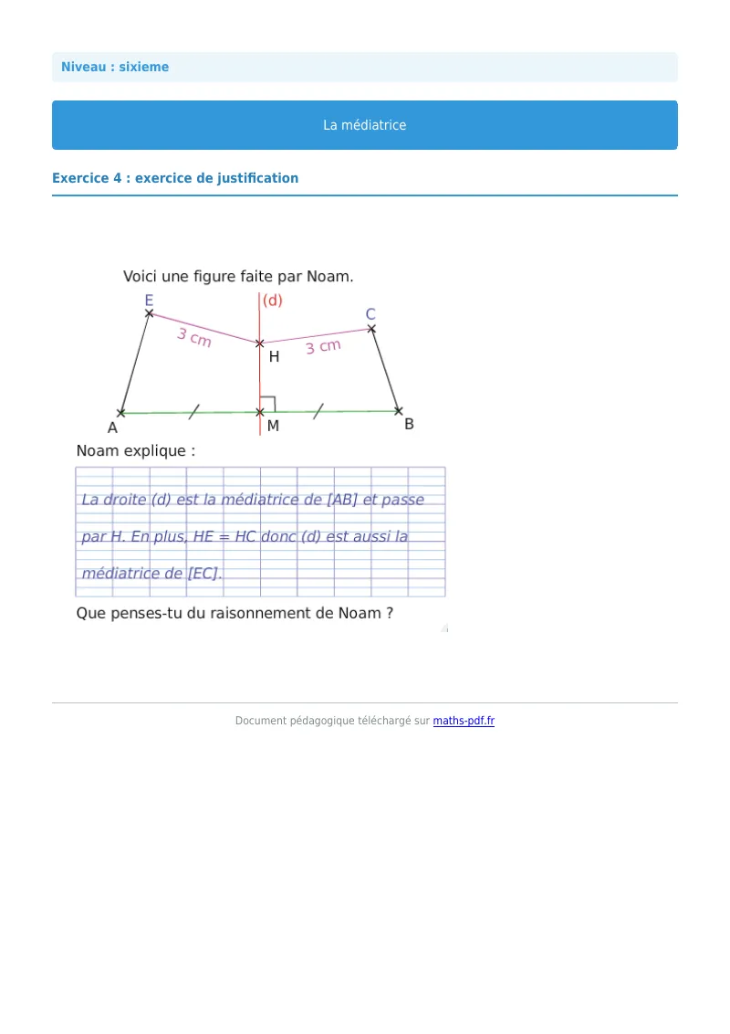 Médiatrice : exercice n°4 de maths en 6ème corrigé en PDF