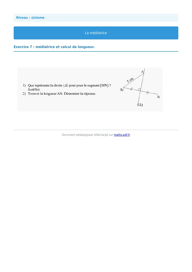 Médiatrice : exercice n°7 de maths en 6ème corrigé en PDF