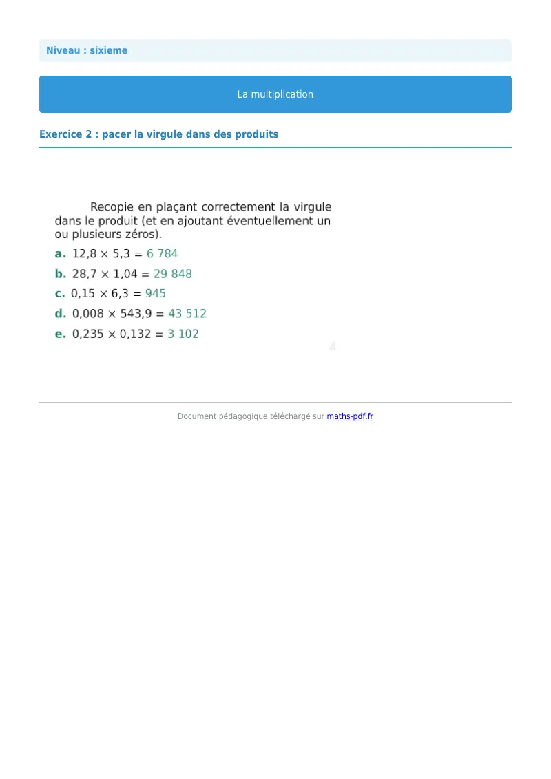 La multiplication : exercice n°2 de maths en 6ème corrigé en PDF