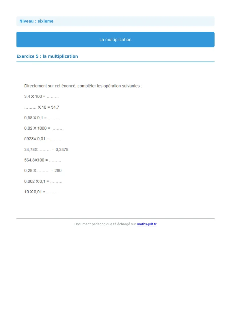 La multiplication : exercice n°5 de maths en 6ème corrigé en PDF