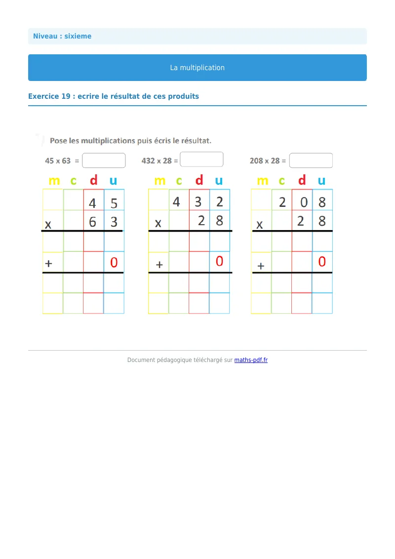 La multiplication : exercice n°19 de maths en 6ème corrigé en PDF