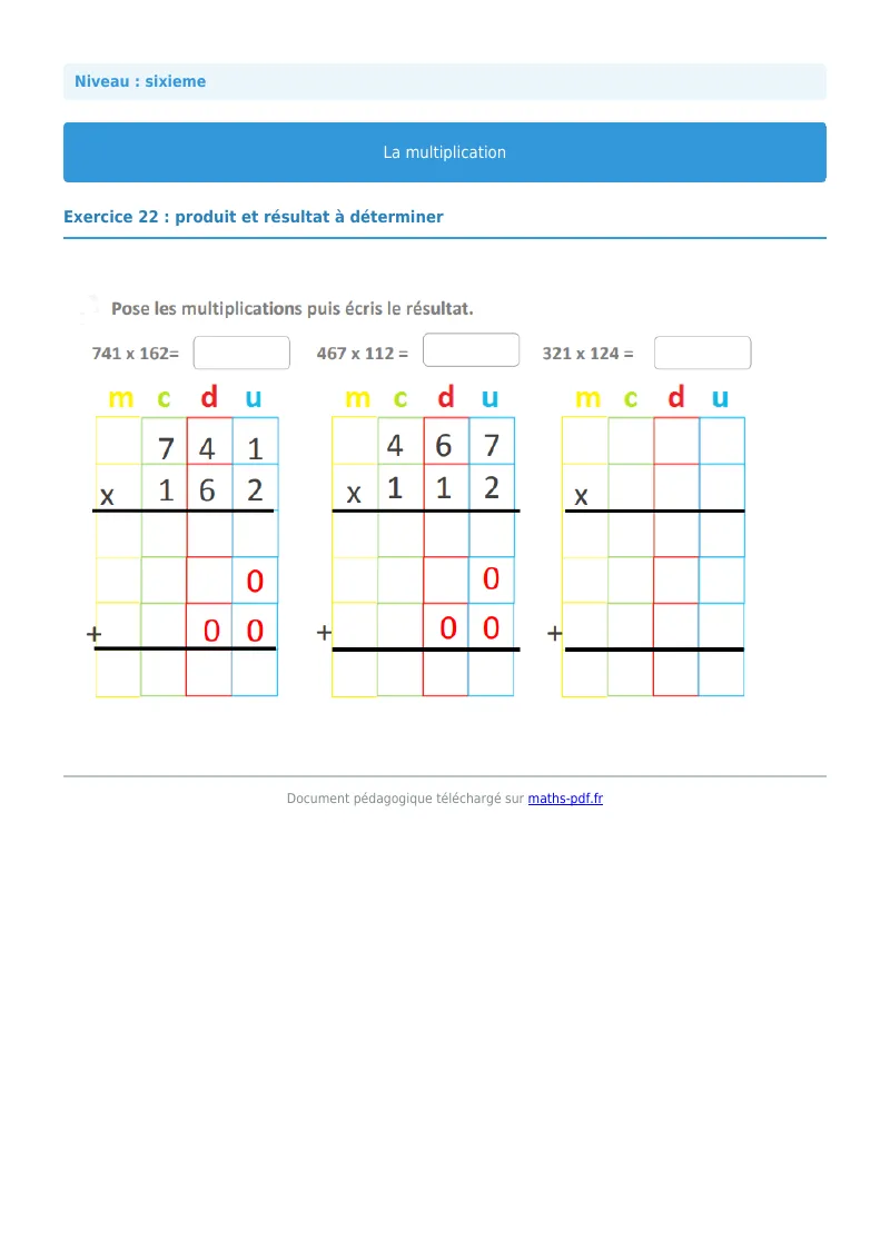 La multiplication : exercice n°22 de maths en 6ème corrigé en PDF