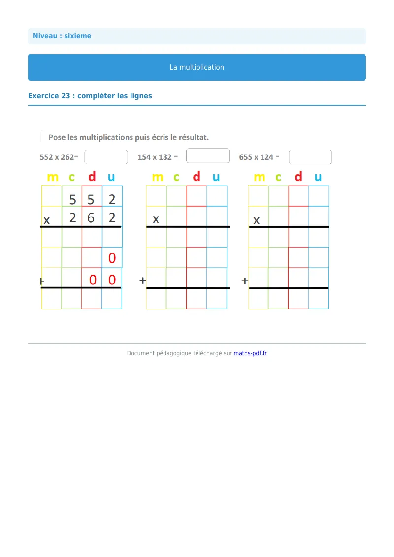 La multiplication : exercice n°23 de maths en 6ème corrigé en PDF