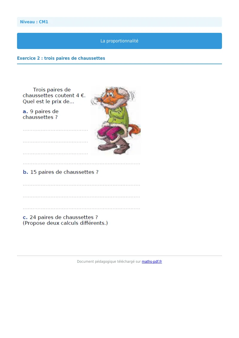 Proportionnalité : exercice n°2 de maths en CM1 corrigé en PDF