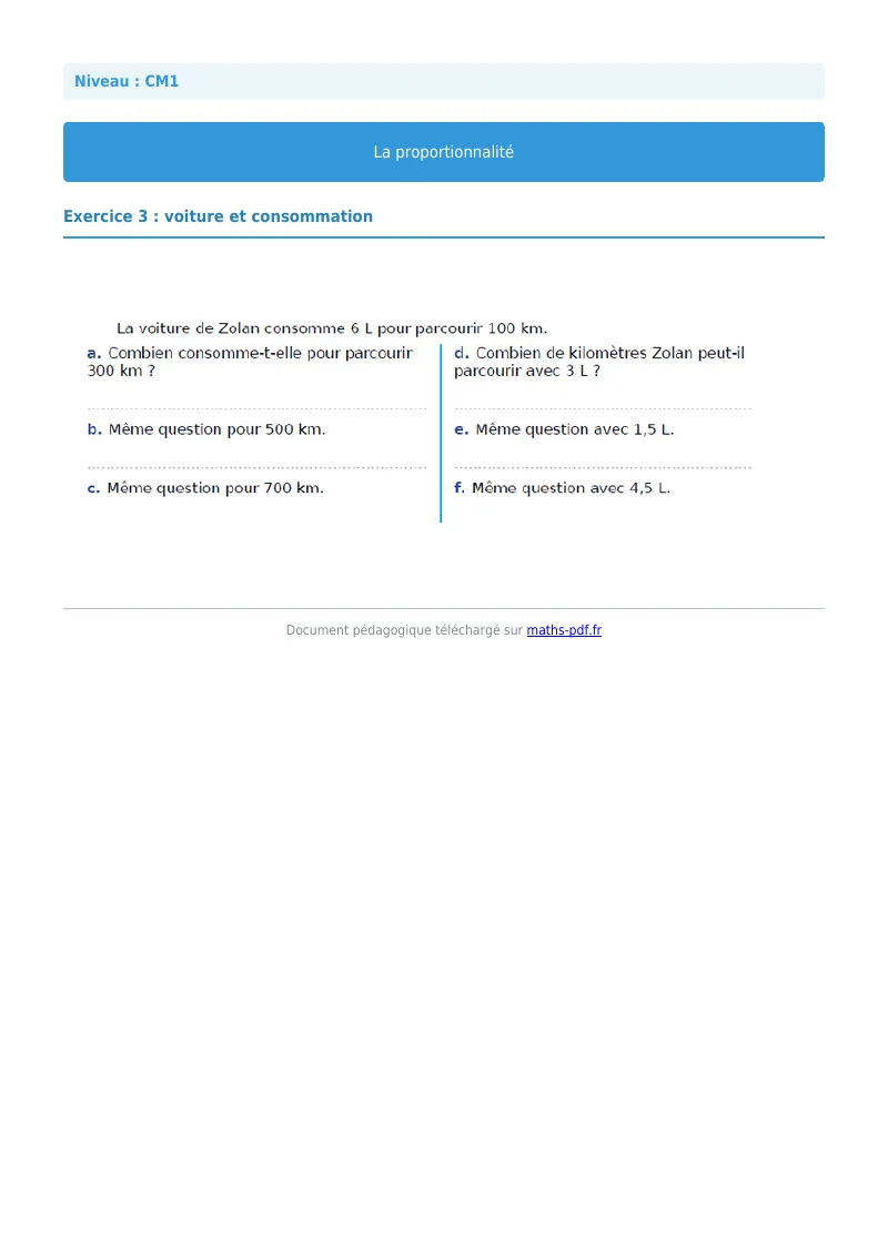 Proportionnalité : exercice n°3 de maths en CM1 corrigé en PDF