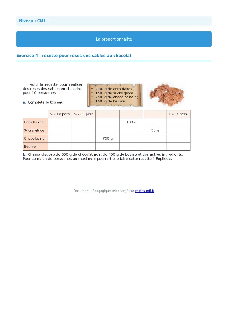 Proportionnalité : exercice n°4 de maths en CM1 corrigé en PDF