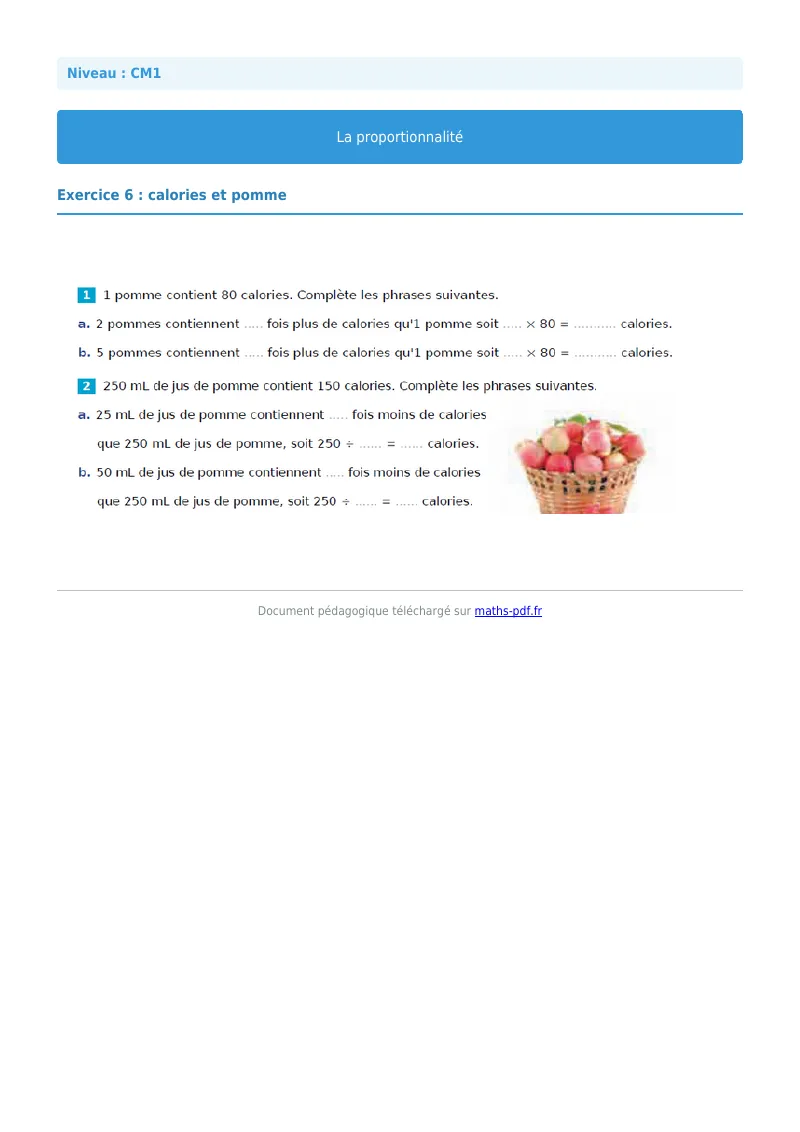 Proportionnalité : exercice n°6 de maths en CM1 corrigé en PDF