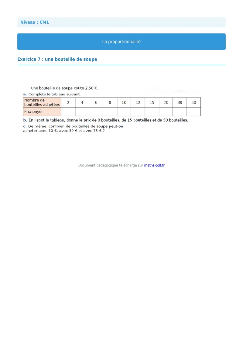Proportionnalité : exercice n°7 de maths en CM1 corrigé en PDF