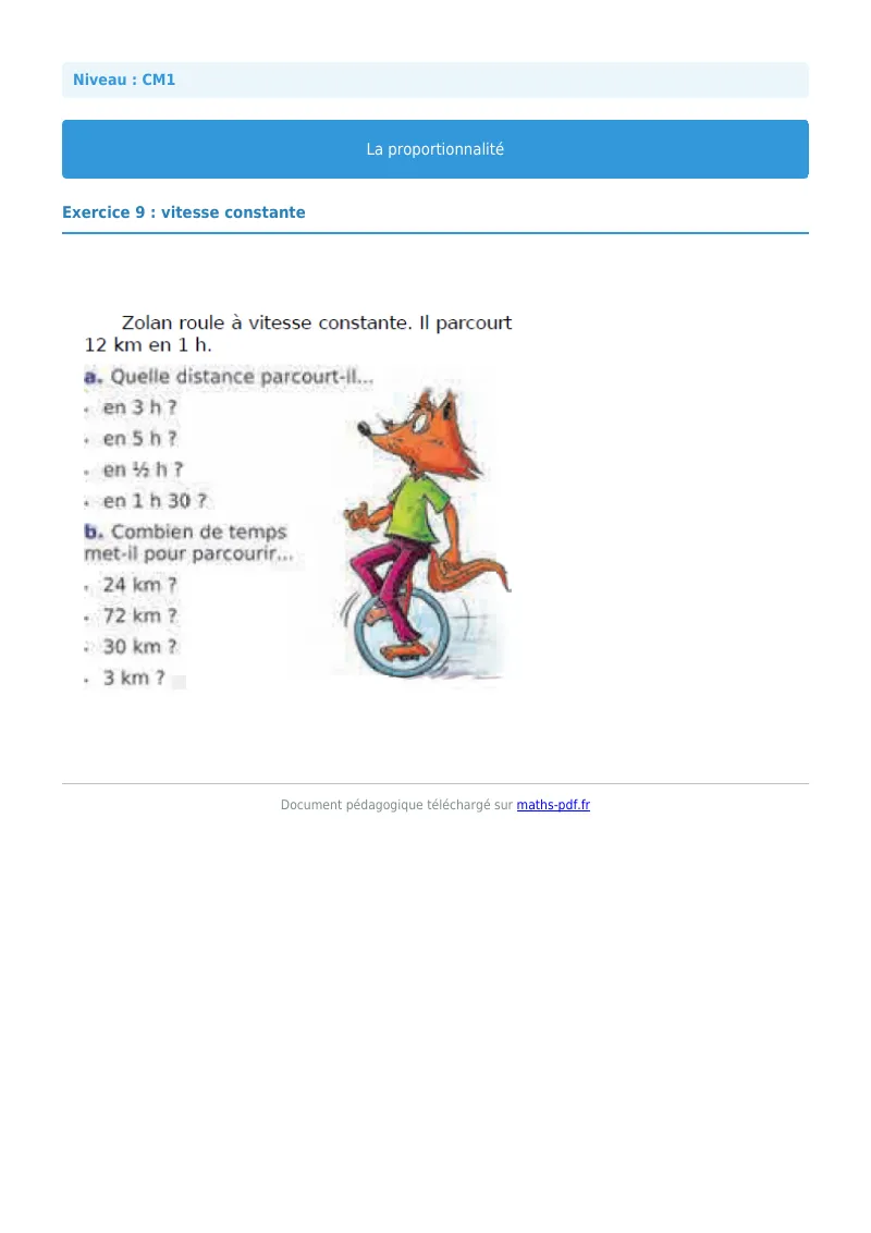 Proportionnalité : exercice n°9 de maths en CM1 corrigé en PDF
