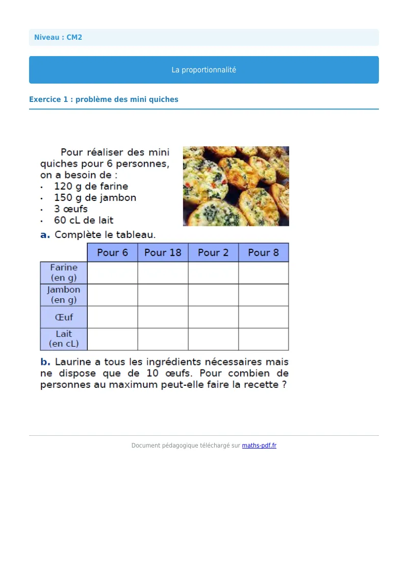 Proportionnalité : exercice n°1 de maths en CM2 corrigé en PDF