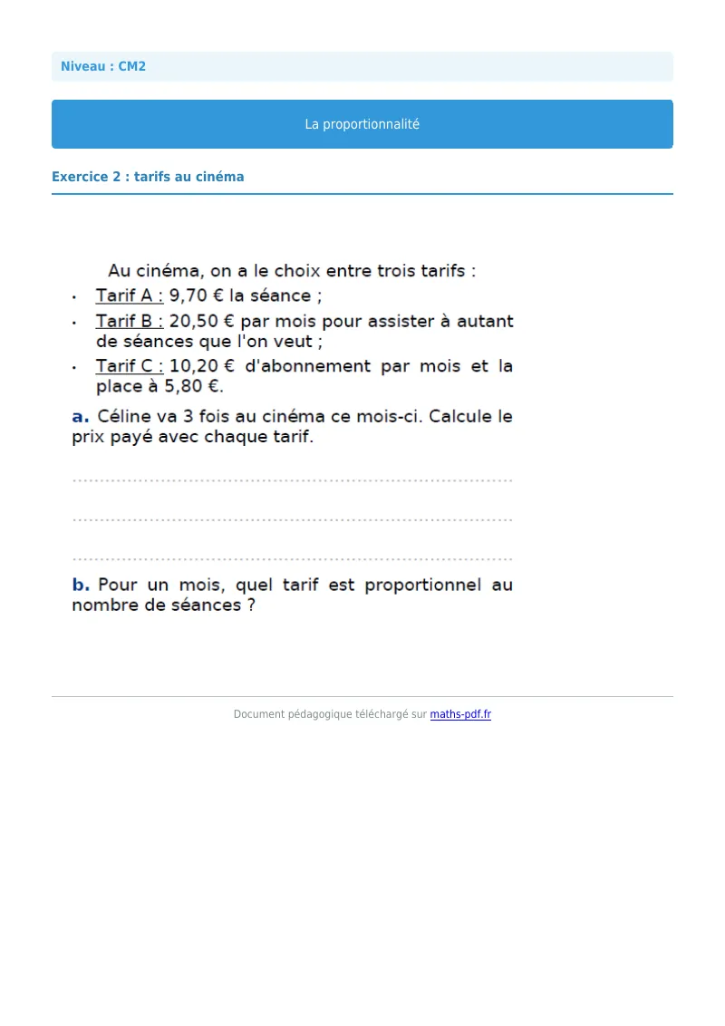 Proportionnalité : exercice n°2 de maths en CM2 corrigé en PDF