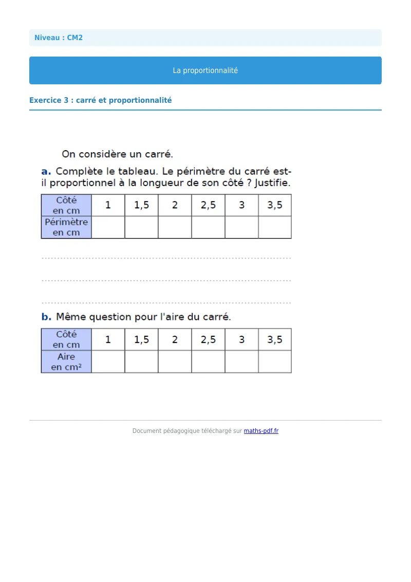 Proportionnalité : exercice n°3 de maths en CM2 corrigé en PDF