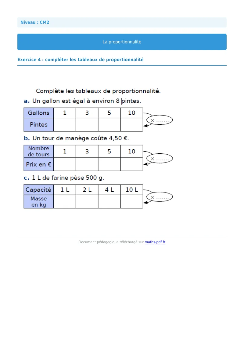Proportionnalité : exercice n°4 de maths en CM2 corrigé en PDF