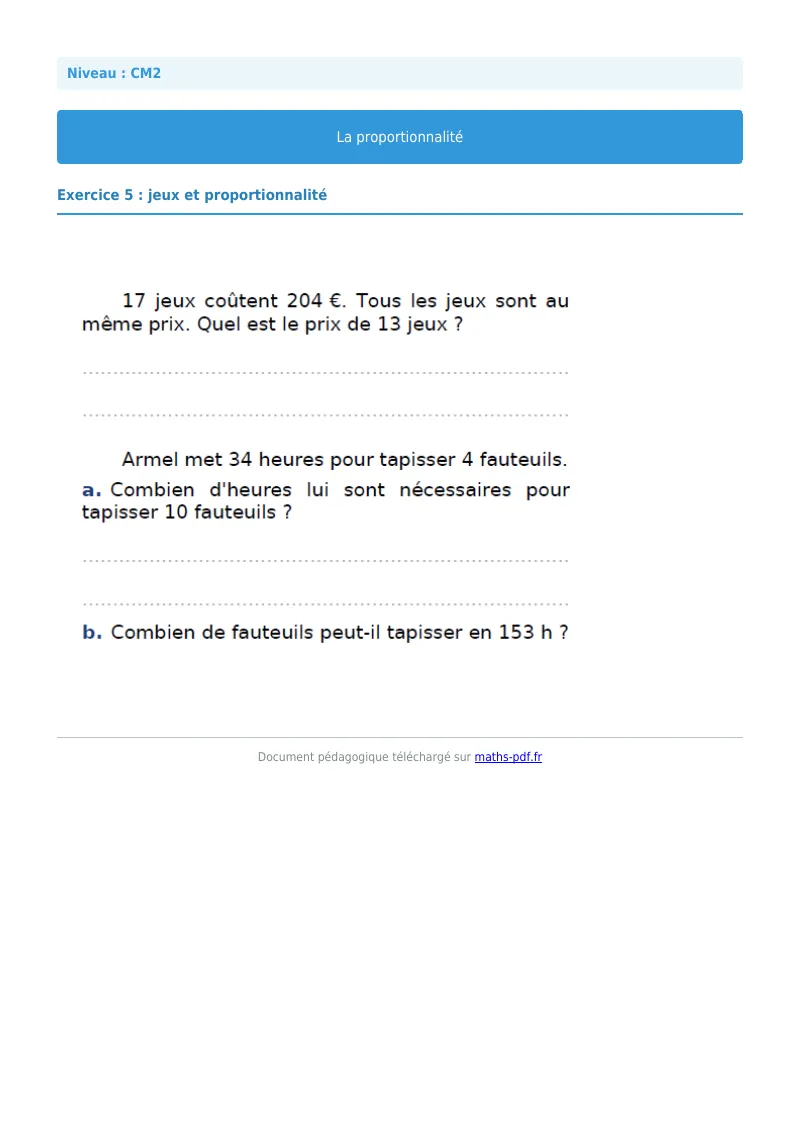 Proportionnalité : exercice n°5 de maths en CM2 corrigé en PDF