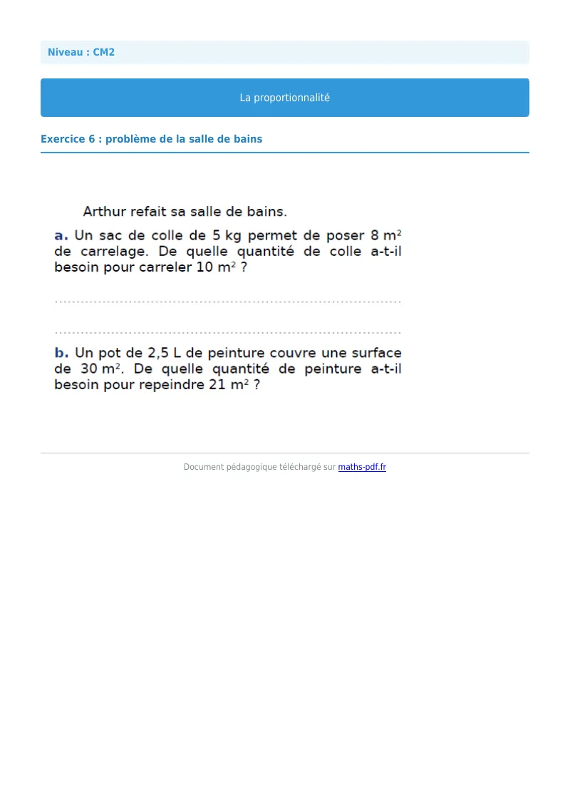 Proportionnalité : exercice n°6 de maths en CM2 corrigé en PDF