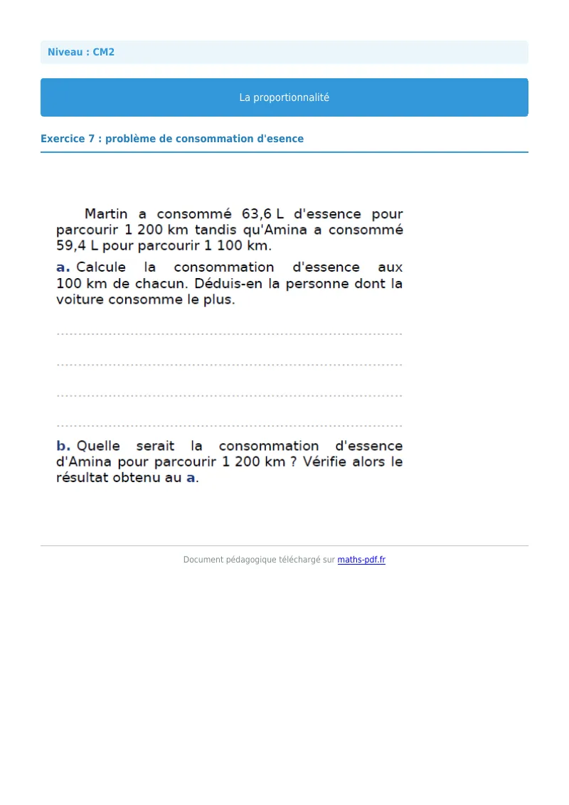 Proportionnalité : exercice n°7 de maths en CM2 corrigé en PDF