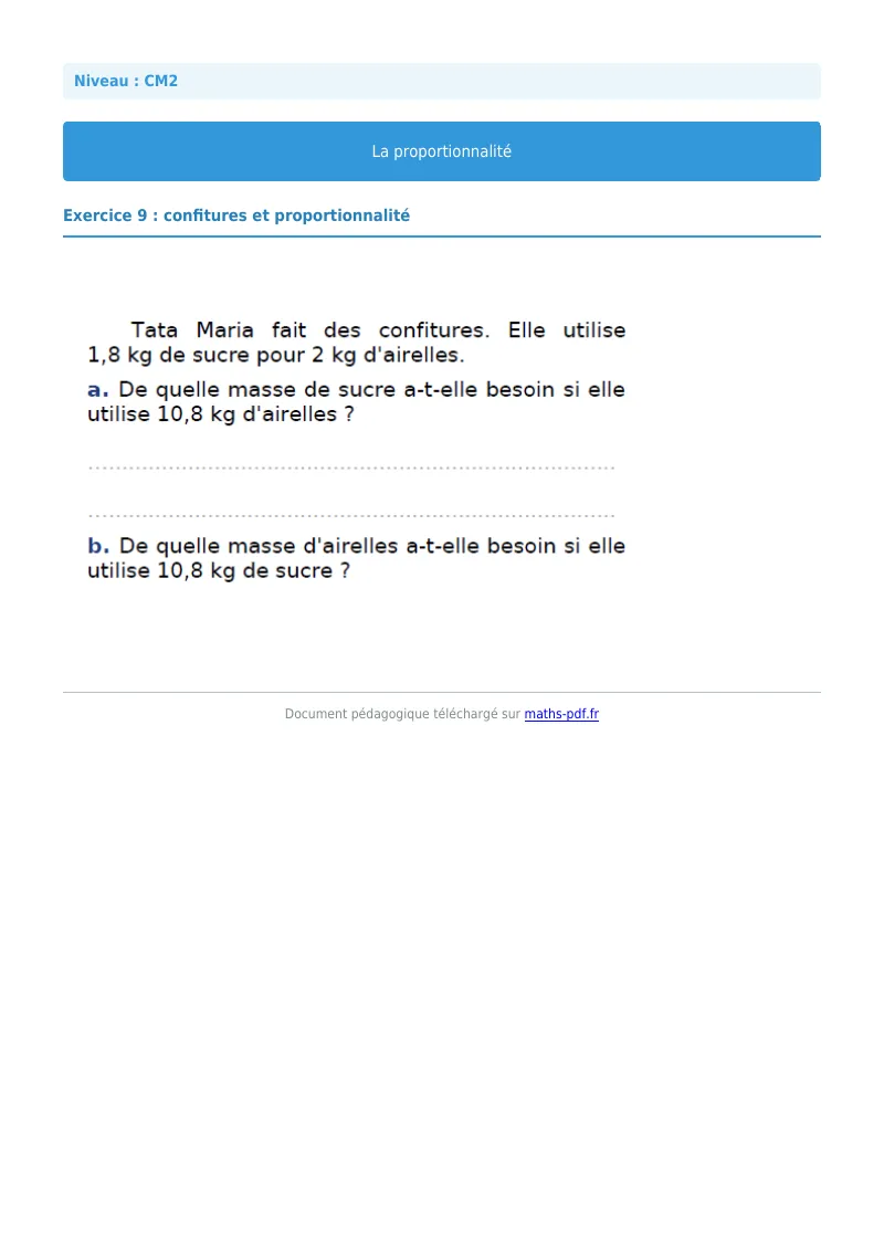 Proportionnalité : exercice n°9 de maths en CM2 corrigé en PDF