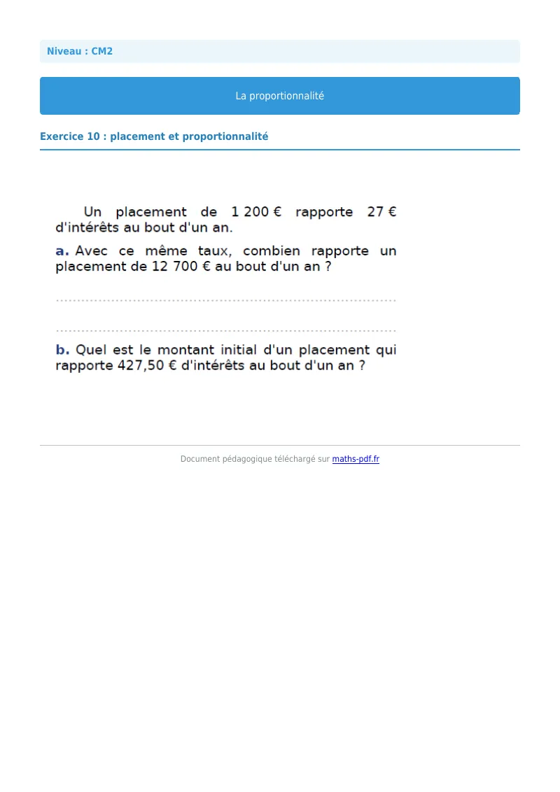 Proportionnalité : exercice n°10 de maths en CM2 corrigé en PDF