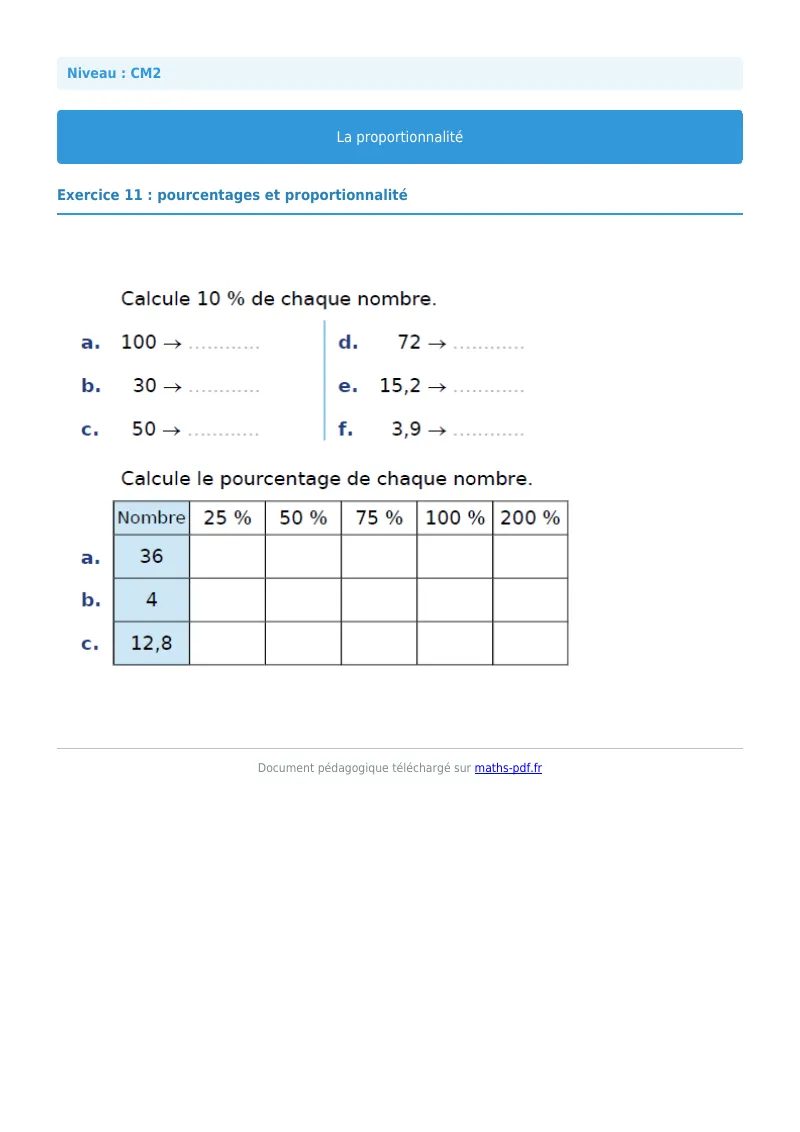 Proportionnalité : exercice n°11 de maths en CM2 corrigé en PDF