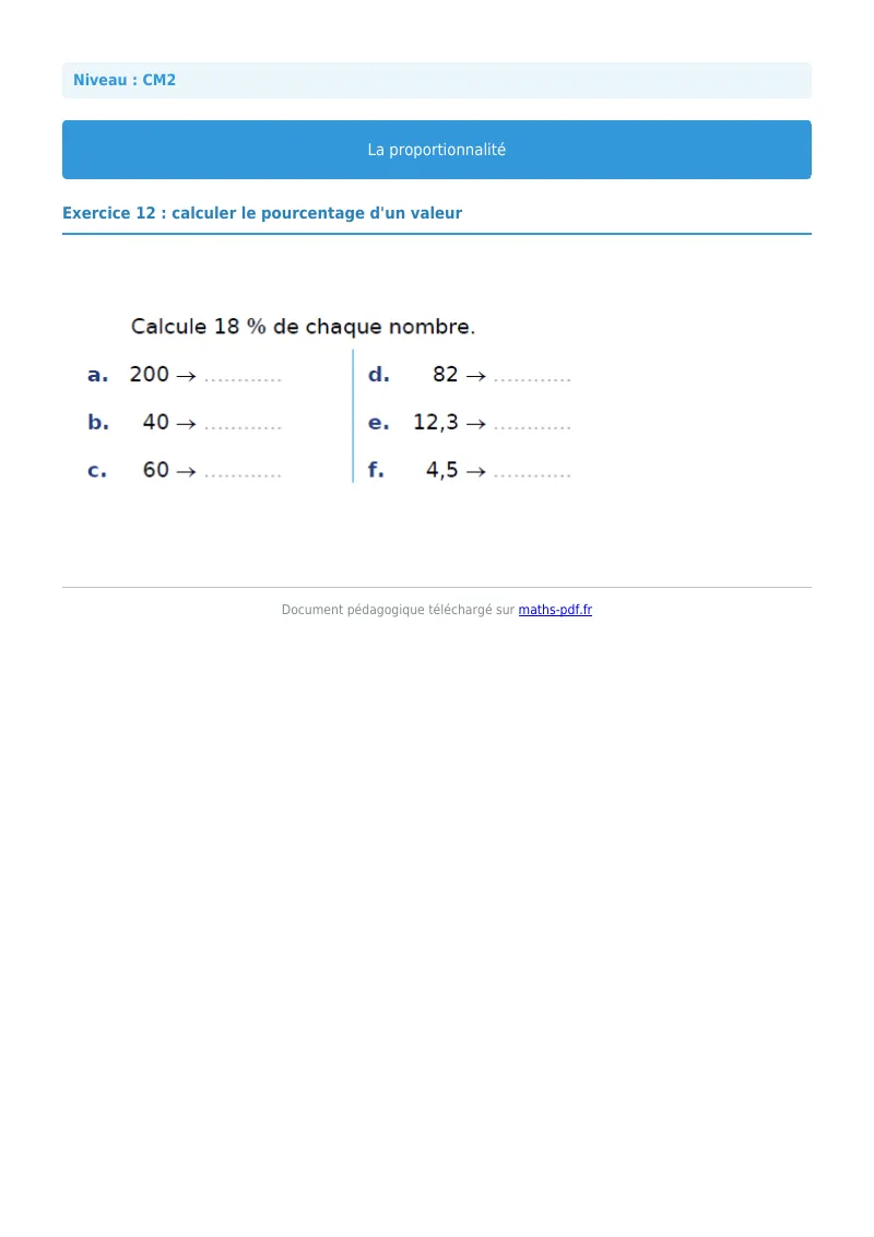 Proportionnalité : exercice n°12 de maths en CM2 corrigé en PDF