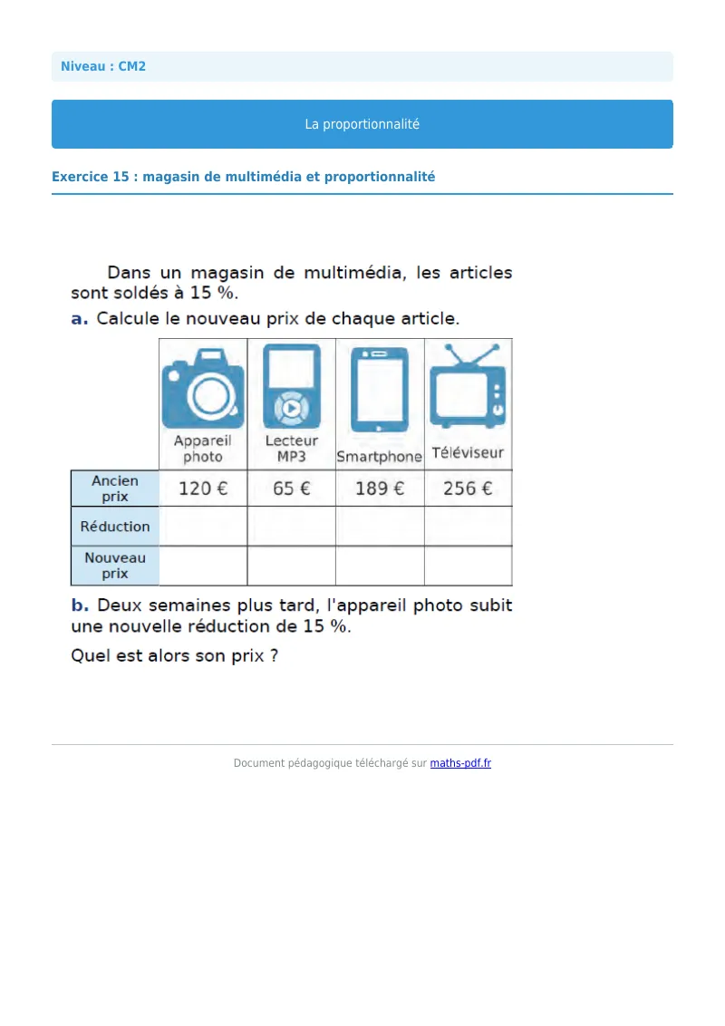 Proportionnalité : exercice n°15 de maths en CM2 corrigé en PDF