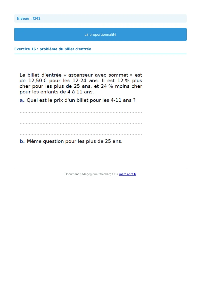 Proportionnalité : exercice n°16 de maths en CM2 corrigé en PDF