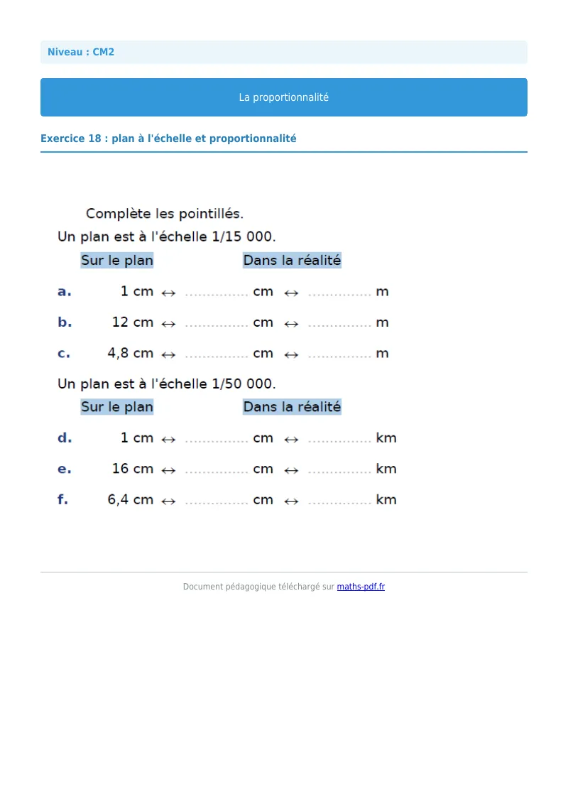 Proportionnalité : exercice n°18 de maths en CM2 corrigé en PDF