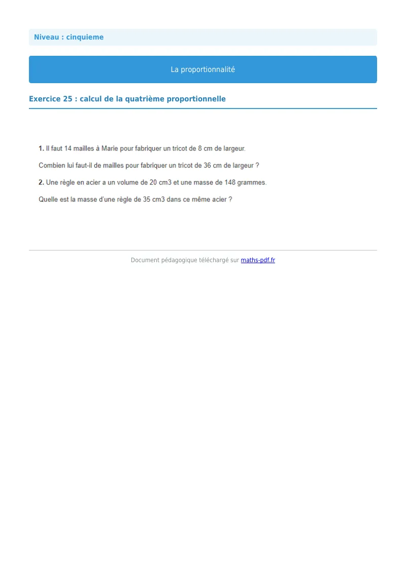 Proportionnalité : exercice n°4 de maths en 5ème corrigé en PDF
