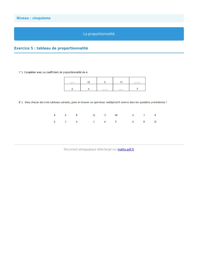 Proportionnalité : exercice n°5 de maths en 5ème corrigé en PDF