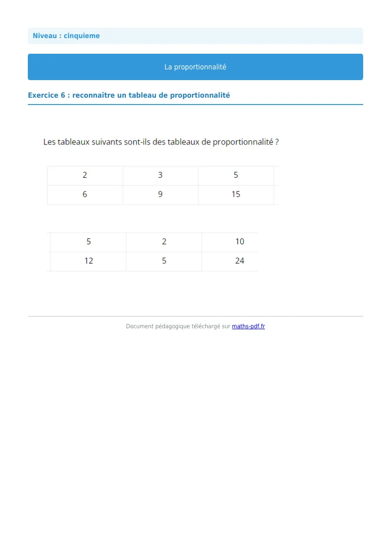 Proportionnalité : exercice n°6 de maths en 5ème corrigé en PDF