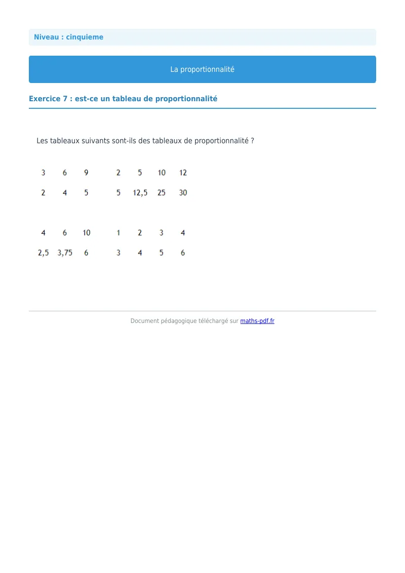 Proportionnalité : exercice n°7 de maths en 5ème corrigé en PDF