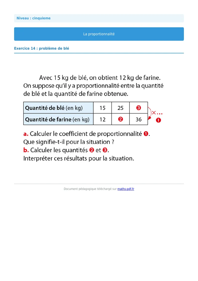 Proportionnalité : exercice n°14 de maths en 5ème corrigé en PDF