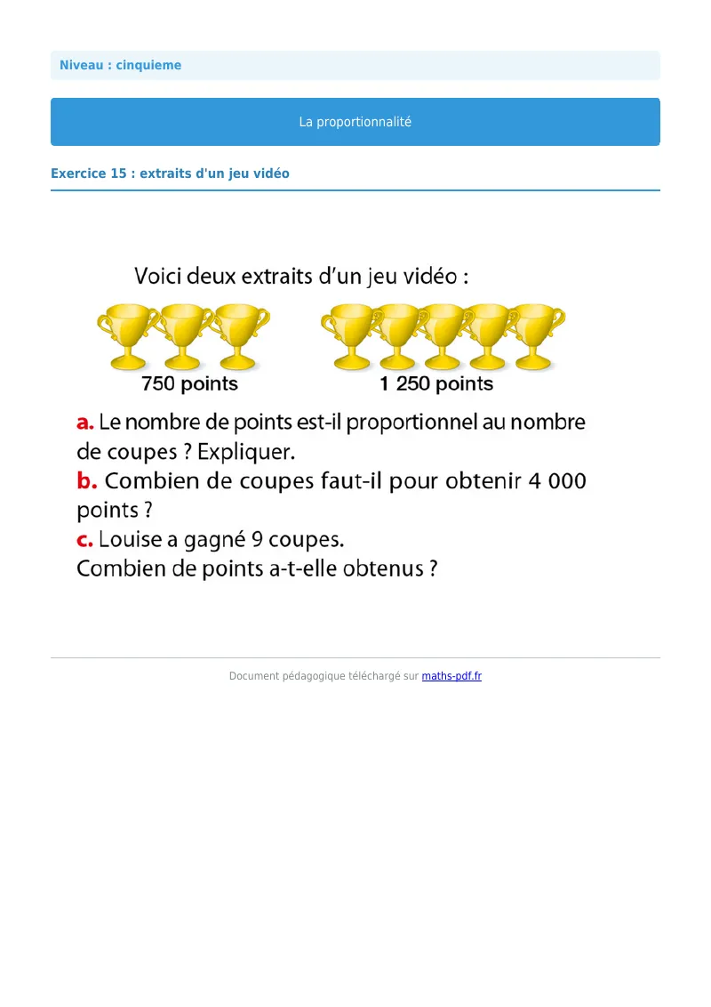 Proportionnalité : exercice n°15 de maths en 5ème corrigé en PDF