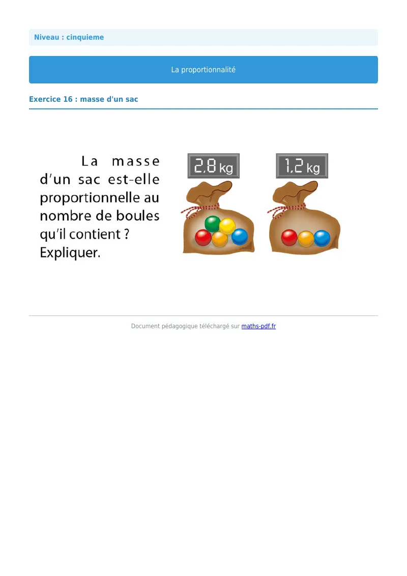Proportionnalité : exercice n°16 de maths en 5ème corrigé en PDF