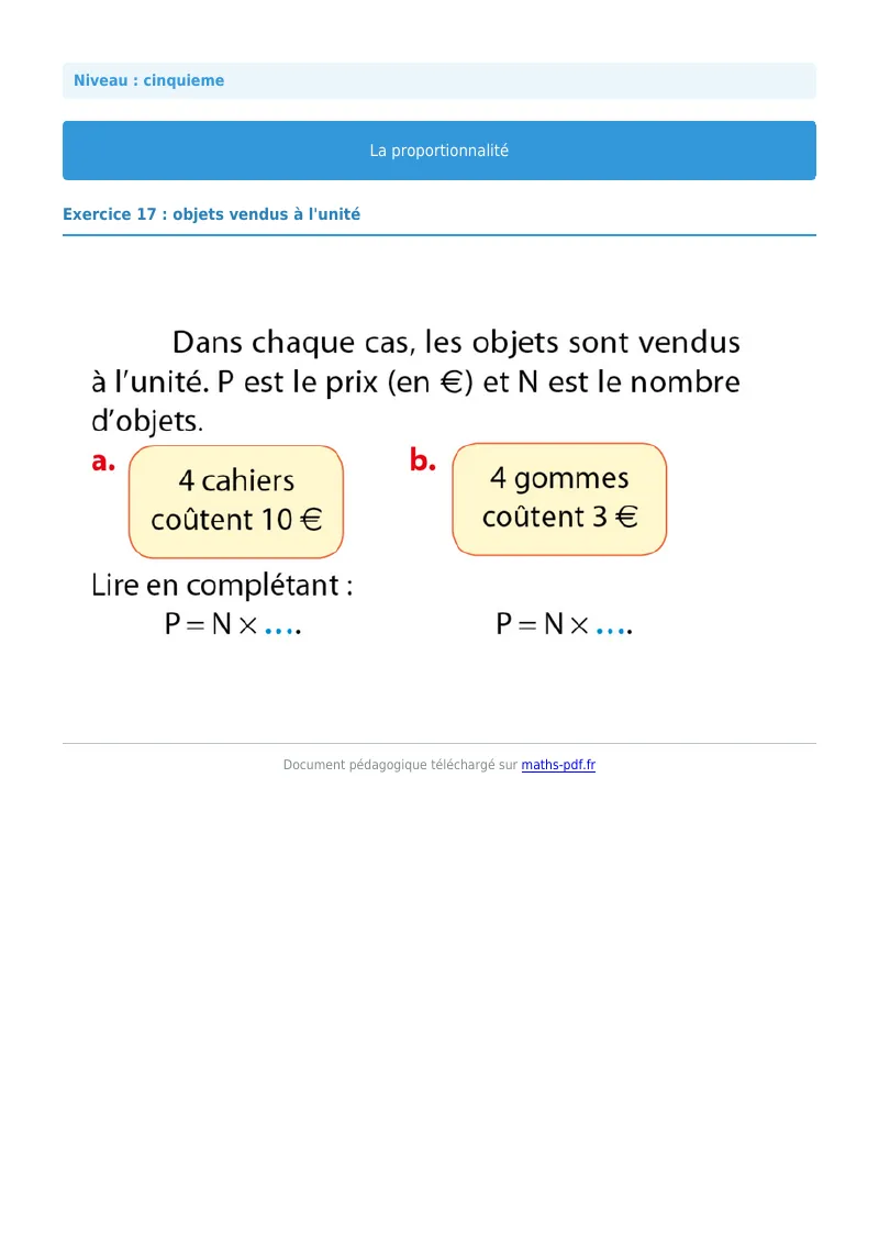 Proportionnalité : exercice n°17 de maths en 5ème corrigé en PDF