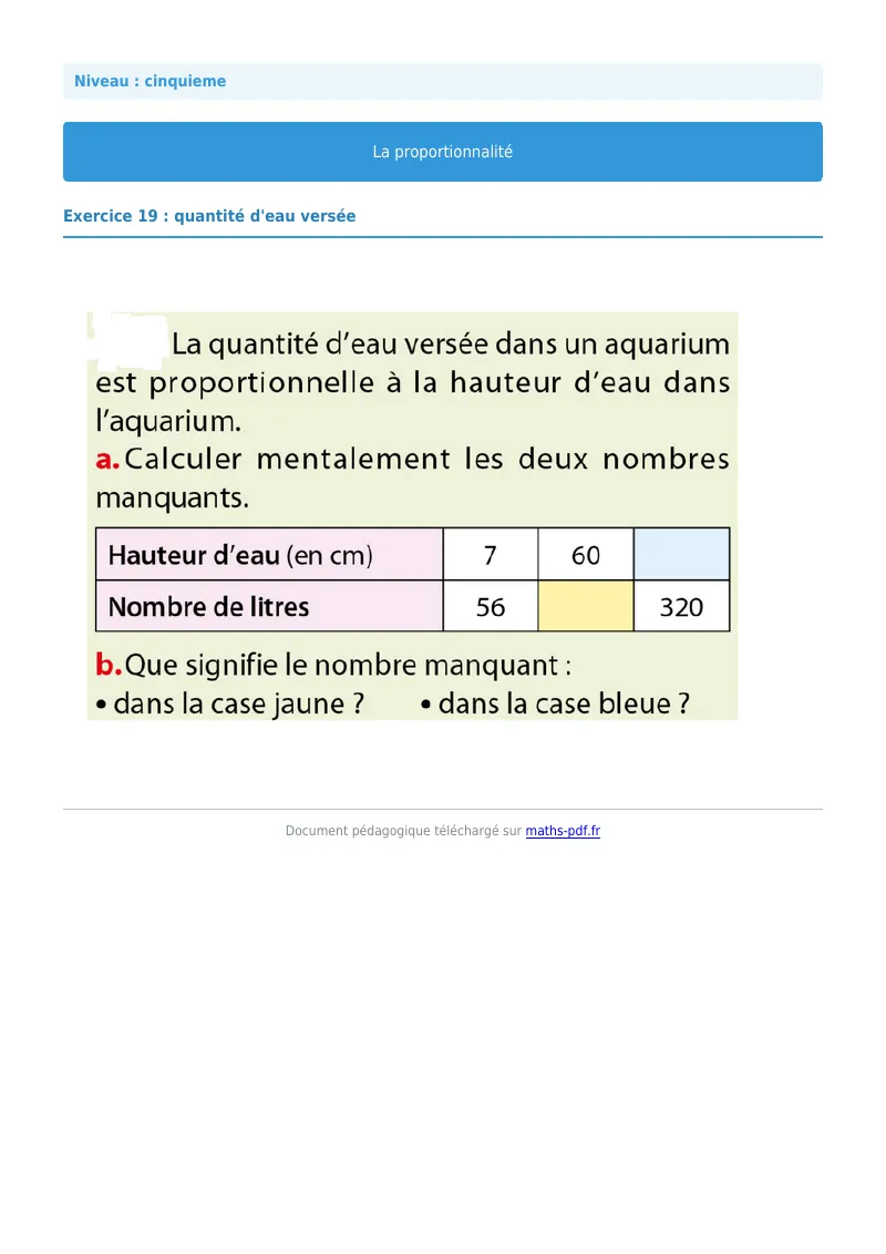 Proportionnalité : exercice n°19 de maths en 5ème corrigé en PDF