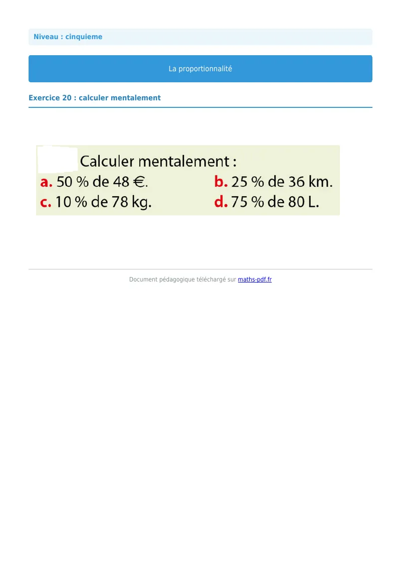 Proportionnalité : exercice n°20 de maths en 5ème corrigé en PDF
