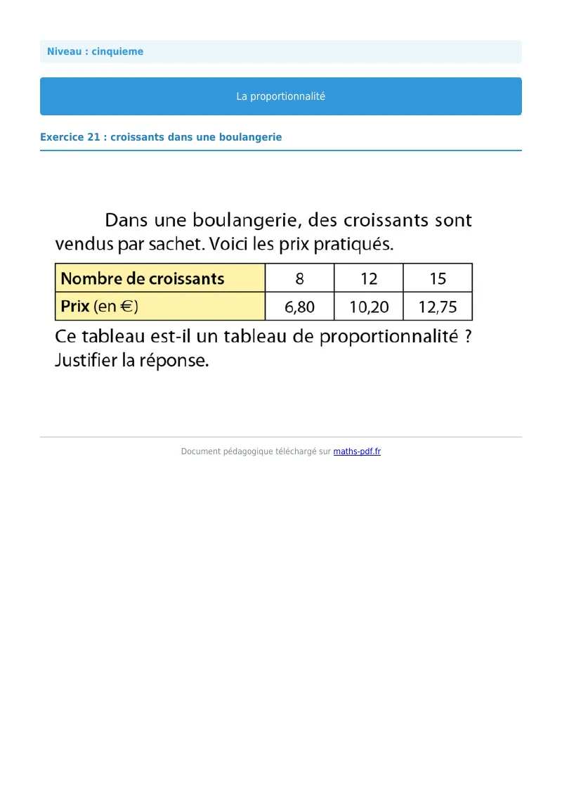 Proportionnalité : exercice n°21 de maths en 5ème corrigé en PDF