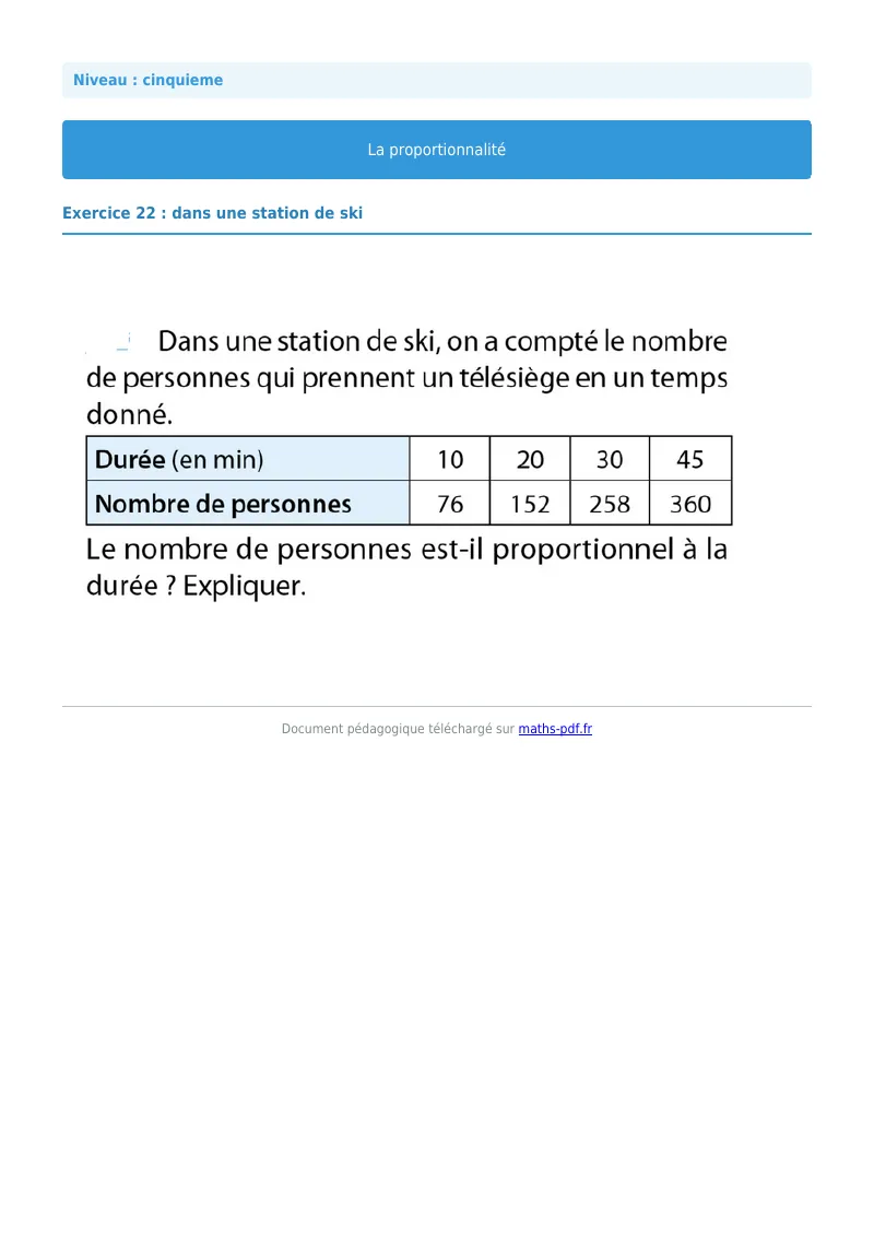 Proportionnalité : exercice n°22 de maths en 5ème corrigé en PDF