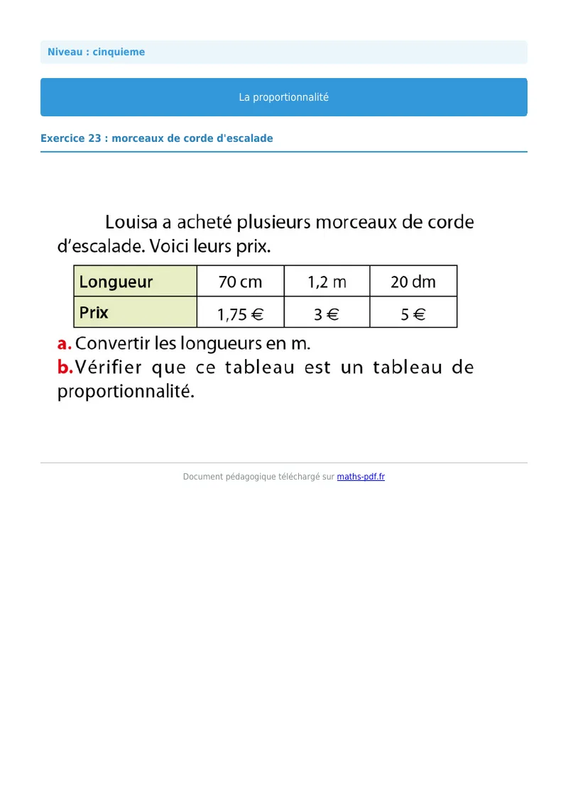 Proportionnalité : exercice n°23 de maths en 5ème corrigé en PDF