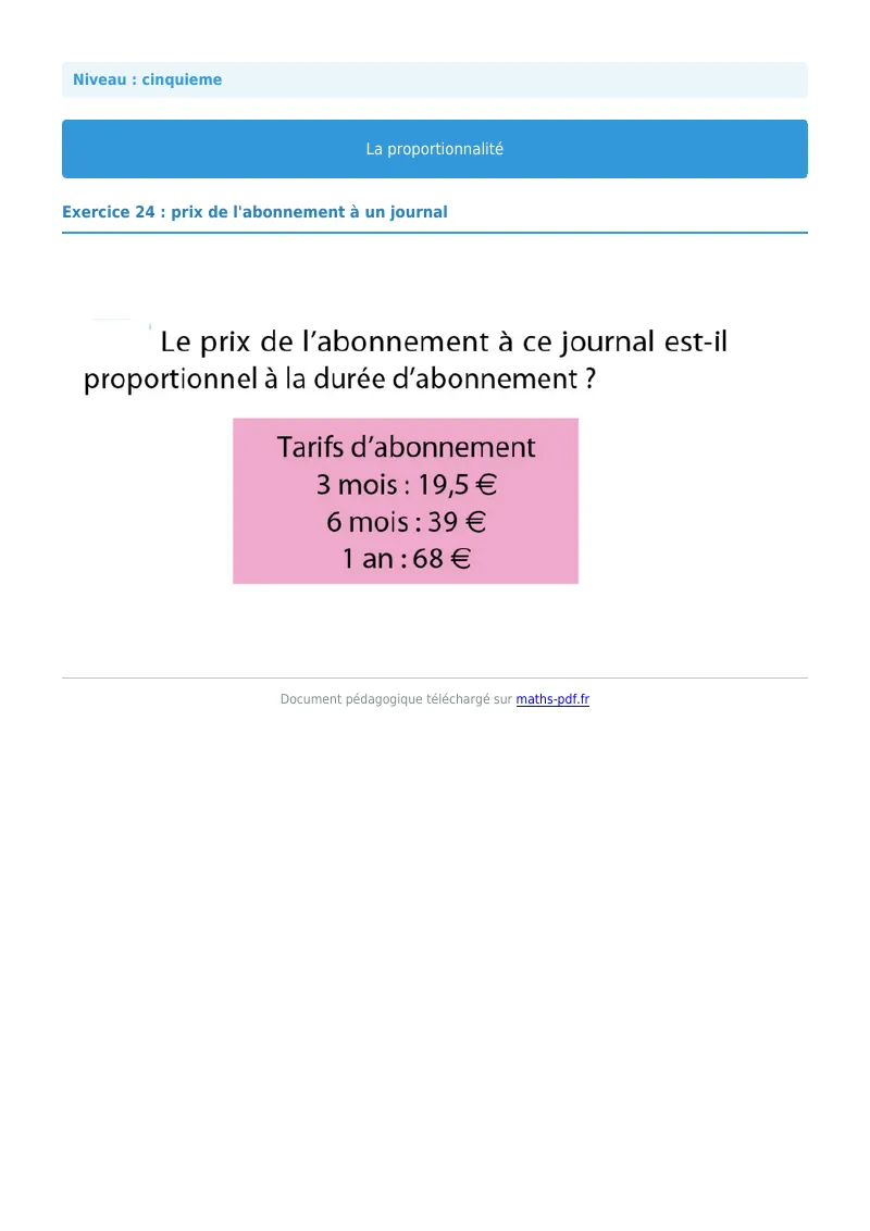 Proportionnalité : exercice n°24 de maths en 5ème corrigé en PDF