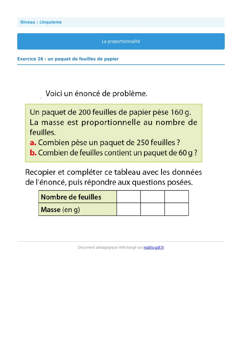 Proportionnalité : exercice n°26 de maths en 5ème corrigé en PDF