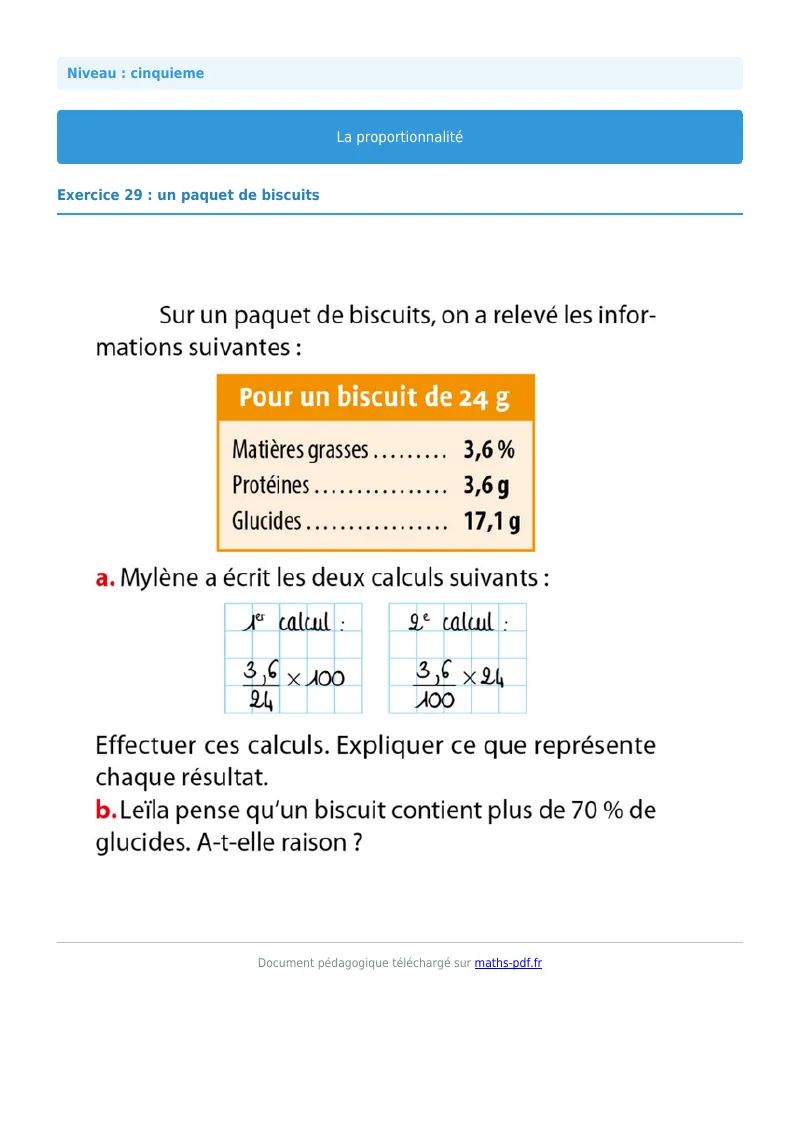 Proportionnalité : exercice n°29 de maths en 5ème corrigé en PDF