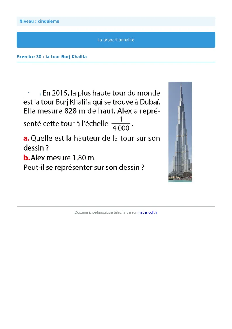 Proportionnalité : exercice n°30 de maths en 5ème corrigé en PDF