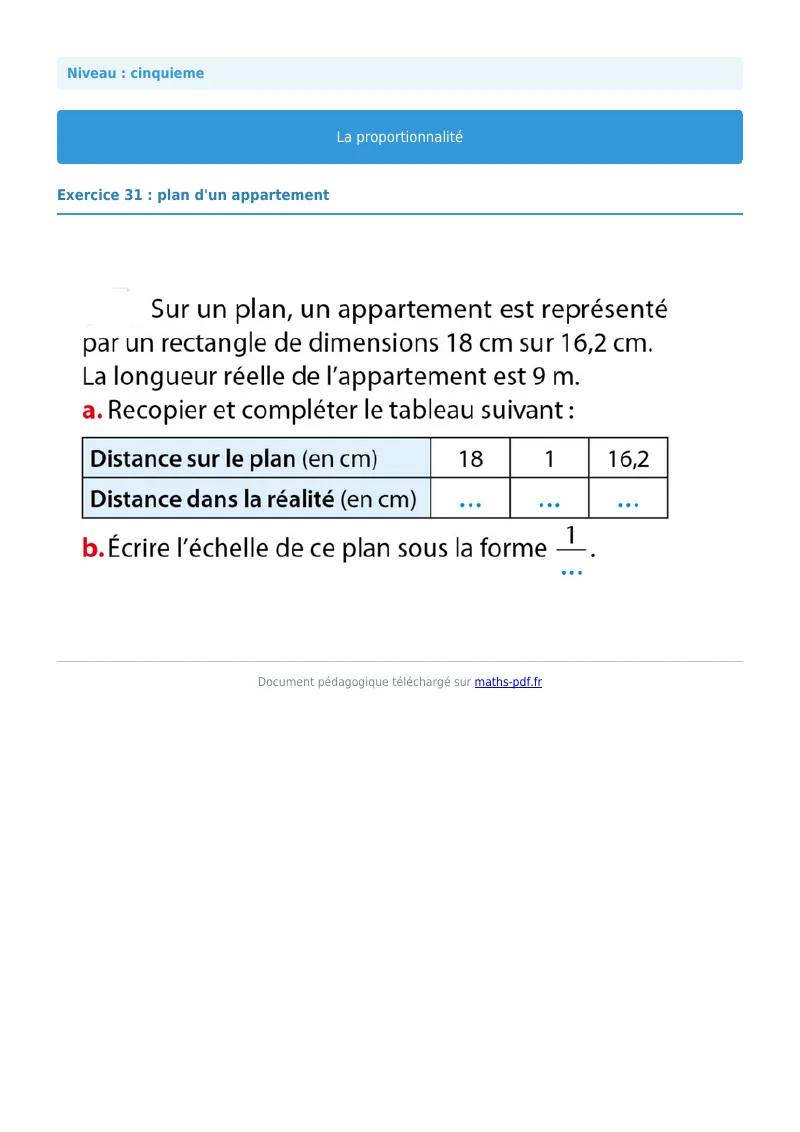 Proportionnalité : exercice n°31 de maths en 5ème corrigé en PDF
