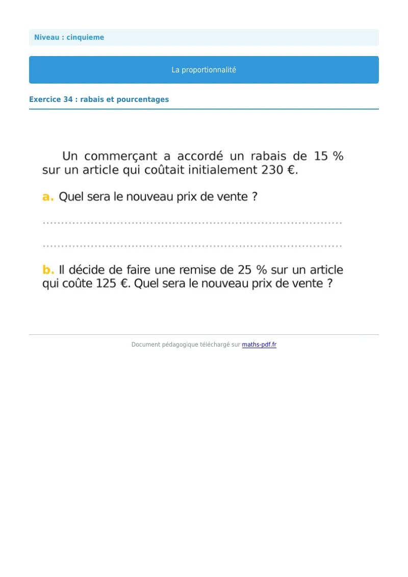 Proportionnalité : exercice n°34 de maths en 5ème corrigé en PDF