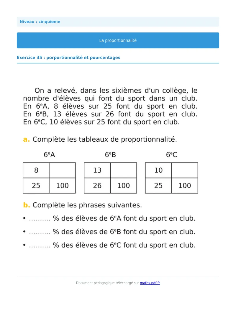 Proportionnalité : exercice n°35 de maths en 5ème corrigé en PDF