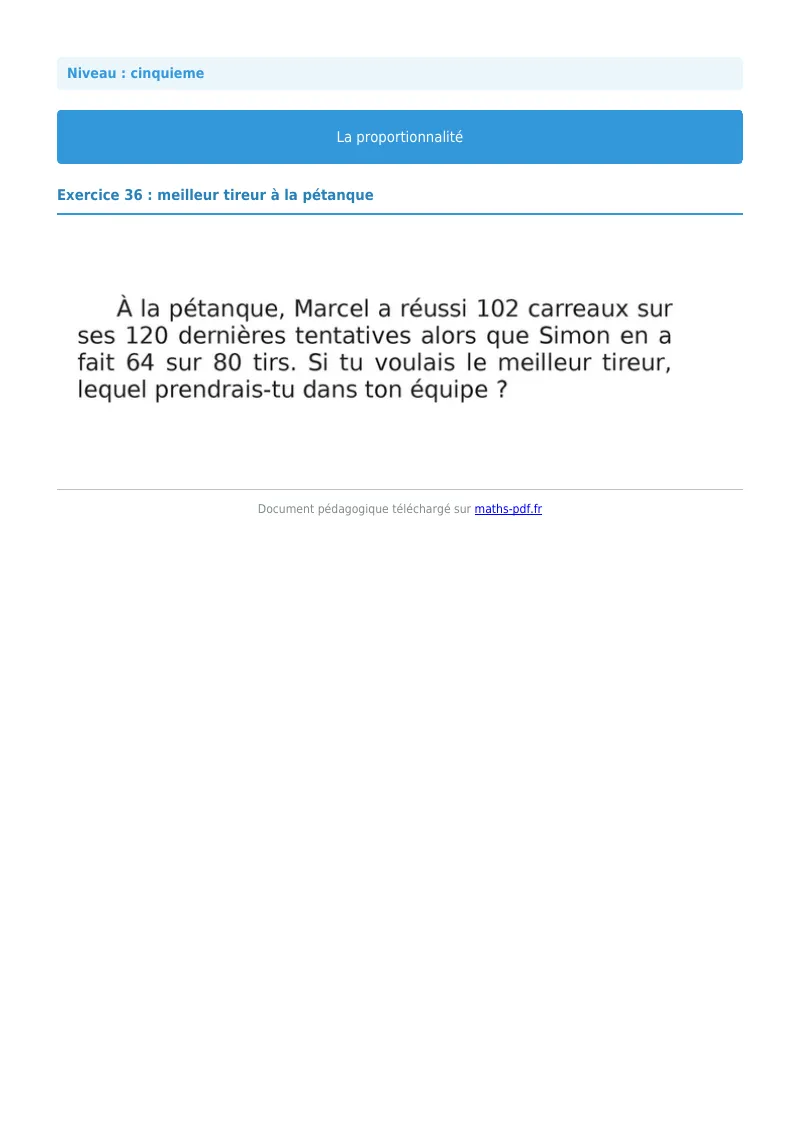 Proportionnalité : exercice n°36 de maths en 5ème corrigé en PDF