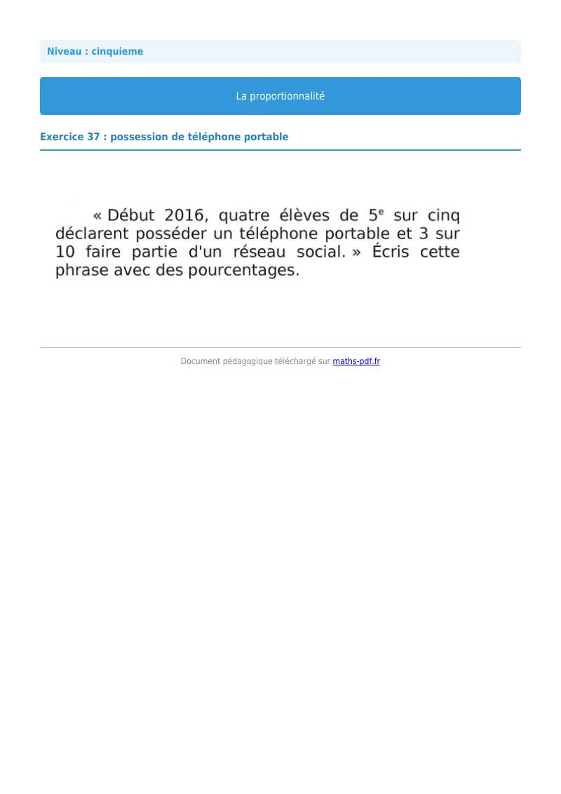 Proportionnalité : exercice n°37 de maths en 5ème corrigé en PDF